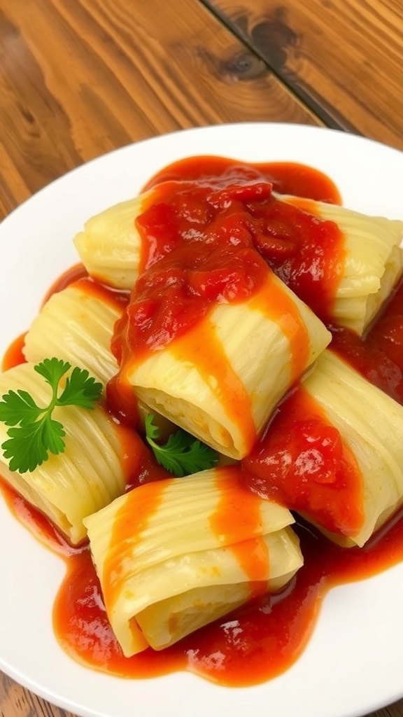 Savory cabbage rolls filled with meat and rice, topped with tomato sauce, served on a rustic plate.